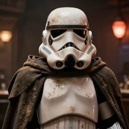 star wars film still of a dirty stormtrooper wearing a hooded cloak, standing in a cantina, closeup portrait, dust, scum and villainy, rim light, embers, hyper detailed, smooth, high contrast, concept art, volumetric lighting, ralph mcquarrie, doug chiang, ryan church