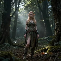 Grimes as an elf, standing in a forest, fantasy RPG, dark woods in the background, Godrays peaking through the trees.