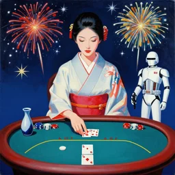 woman in a japanese kimono sitting at an extremely detailed poker table with the startrooper, sake on the table, fireworks and stars on the background, by andy warhol, by roy liechtestein, canvas, acrylic paint, cool color palette, 4 k, ultra - hd