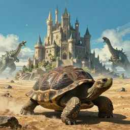 giant tortoise with a large fantasy castle rising from the top, towering over a harsh barren sandy wasteland, distant shot angled slightly down, fantasy, hyper detailed, 4 k, howls moving castle, mortal engines, kaiju,