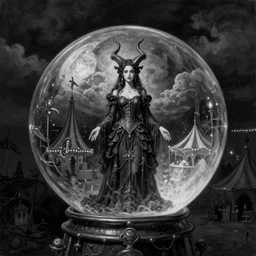 By Tom Bagshaw, ultra realist soft painting of a order curiosities carnival by night, very beautiful horned single female in long gothic dress glass sphere, symmetry accurate features, very intricate details, omnious sky, black and white, volumetric light clouds