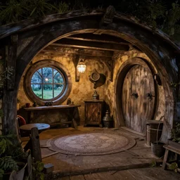 Hobbiton house interior  in the evening, detailed matte painting, cinematic, Alan Lee, Artstation