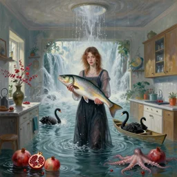 tall emo female artist holding a large fish in her flooded kitchen, pomegranates, octopus, water gushing from ceiling, painting of flood waters inside an artist's apartment, surreal photography, ikebana, zen, rapids, waterfall, black swans, canoe, berries, impressionist digital painting, by simon stalenhag and magritte