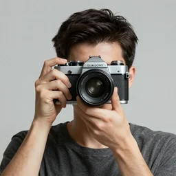 a young man with a vintage camera for a face, concept art, digital art, octane render, 8k