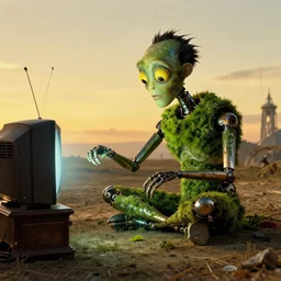 the strange creature likes to watch TV, made of metal and Chlorophyll, film still from the movie directed by Denis Villeneuve with art direction by Salvador Dalí, golden hour, wide lens