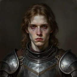 portrait painting of a pale serious young man with a soft face and medium brown hair wearing armor, ultra realistic, concept art, intricate details, eerie, highly detailed, pursed lips, melancholy expression, photorealistic, octane render, 8 k, unreal engine. art by artgerm and greg rutkowski and charlie bowater and magali villeneuve and alphonse mucha