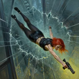 cyberpunk woman diving through a shattering plate glass window during a gunfight, dynamic pose, cinematic lighting, science fiction painting, elegant intricate digital painting artstation, art by greg rutkowski and alphonse mucha, detailed