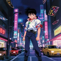 cyberpunk street view, film still from japanese animated cyberpunk film Akira movie with art direction by Katsuhiro Otomo, wide lens, flying cards, science fiction, holograms