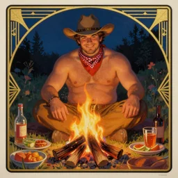 a beautiful ethereal painting of a handsome! chubby shirtless man wearing a cowboy hat and a bandana around his neck sits behind a campfire at night. in front of the campfire is an assortment of food and beverages. the man is smirking mischievously. tarot card, art deco, art nouveau. in the style of Mark Maggiori . trending on artstation.