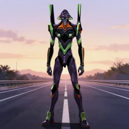 anime illustration of black evangelion eva - 0 1 standing on an empty highway wearing a black plugsuit at dawn, cinematic lighting, evangelion anime poster, rebuild of evangelion 1 0 8 0 p, 9 0 s anime aesthetic, volumetric lights, rule of thirds, unreal engine render, pinterest wallpaper, trending on artstation