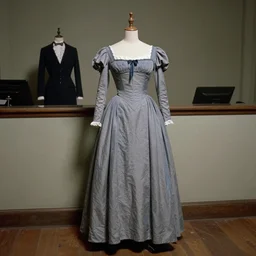 the film still photographed image is of a grey and blue reception gown ensemble from the 1 9 7 0 s. the gown is inspired by edgar allan poe, and is featured in a museum.