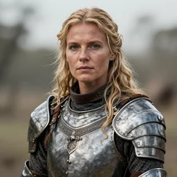 a rustic woman wearing medieval armor, detailed face, blonde, by greg rutkowski, mandy jurgens