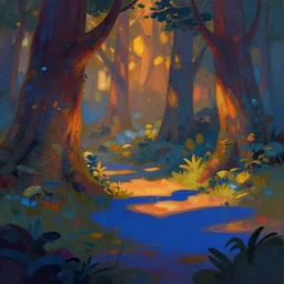 fantasy forest, by, pixar, disney, low warm light, warm, blue shadow, sharp paint brush stroke, anders zorn, trending on artstation, vibrating color, octane render