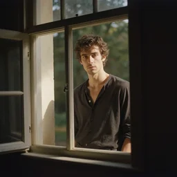 Photo of a window. There is a man in the house.
