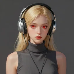 girl with blonde hair and red eyes, wearing silver headphones, sleeveless turtleneck. digital painting, by valerian city of a thousand planets, by ruan jin #, by mandy jurgens #, by artgerm #, william - adolphe bouguerea #