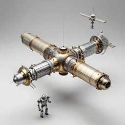 Kinetic sculpture of space stations and robots, metal, plastic, glass, caustics, highly detailed, isometric, damien hurst, chris burden, hyhypermaximalist, ominous, soft lighting, golden ratio, epic