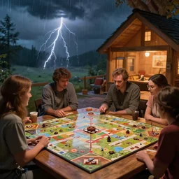 boardgame party, thunderstorm outside, cozy cabin, by herbert james harper, volumetric lighting, smooth, concept art, sharp, 4 k, highly detailed