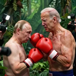 Putin knocks out Joe Biden with heavy red boxing gloves in a green jungle. reporters take flash photographs of the blood soaked canvas
