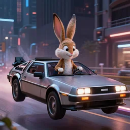 roger rabbit starring in blade runner, cinematic still, roger rabbit in a flying delorean, high quality, futuristic