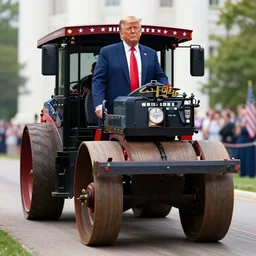 ! donald trump! standing in front of a!! steamroller!! driven by! merrick garland!
