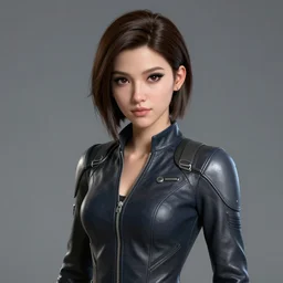 youthful female android demure, realistic, octane render, perfect mascara, exquisite features, feminine cut, frontiers in flight leather jumpsuit,