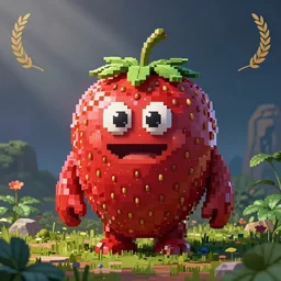 a realistic large pixel art of a strawberry monster