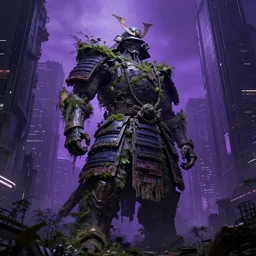 a giant overgrown samurai statue standing in a cyberpunk city with nature taking back, decayed, dark fantasy, photorealism, unreal engine, purple hue, sci-fi, by H.R. Giger