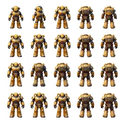 isometric character sprite sheet. small character sheet! characters! fallout npc, power armor! rotated left right front back, in gouache detailed paintings, props, stylized, 2 d asset sheet, kitbash, arcane, overwatch, many color scheme, 8 k, close up, white background