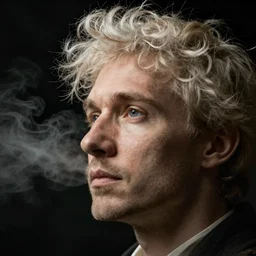 a man's face in profile, fluffy air, in the style of the Dutch masters and Gregory Crewdson, dark and moody