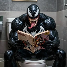 photo of venom on the toilet reading a comic