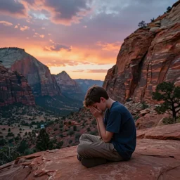 award winning cinematic still of teenager boy praying in zion national park, rock formations, colorful sunset, epic, cinematic lighting, dramatic angle, heartwarming drama directed by Steven Spielberg, highly detailed concept art, wallpaper