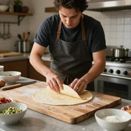 Alex jones making tortillas in a kitchen, 8k