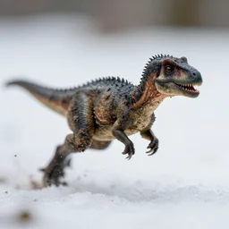 macro photo by national geographic of a tiny muddy dinosaur running on snow, fast shutter speed, motion blur, tiny gaussian blur, insanely detailed, insanely intricate, depth of field, low contrast, wide aperture, action photography