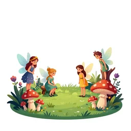 fairies, enchanted forest, mushrooms on the ground, psychedelic, wide angle shot, white background, vector art, illustration by frank frazetta and salvador dali