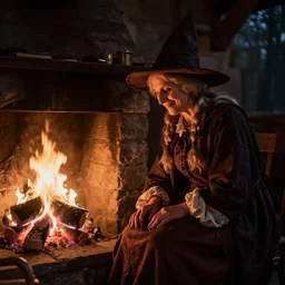 beautiful old woman witch next to a fire in the hearth, face lit up by firelight, gentle smile, Dutch masters