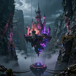 f - zero, ships, tron in the mountain with neon light futuristic hyper realistic cinematic view of floating castle hanging by chains in the air, in between a gorge, below only cloud dark void, structured by chains and cables on base, 8 k resolution