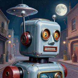 zoomed out profile face portrait of a tin toy robot, 1 9 5 0 s scifi, ufo, flying saucer, moon, meninblack, steampunk, alley, streets, walter sickert, earl norem, hyper realistic, artstation, illustration, digital paint, matte paint, vivid colors, detailed and intricate environment
