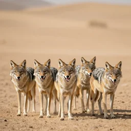 snarling pack of coyotes in the desert