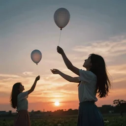 photo of young woman throwing water balloons at each other, long exposure, 15mm sigma, kodachrome, sunset,
