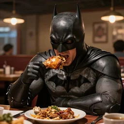 An epic fantasy comic book style portrait painting of Batman eating a chicken leg in a restaurant, unreal 5, DAZ, hyperrealistic, octane render, RPG portrait, dynamic lighting