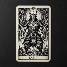 black paper + tarot card + Giant Muscular Baphomet wearing Samurai outfit, vintage detailed fantasy illustration painted by Chie Yoshii + psychedelic black light style + intricate ink illustration + symmetry + bloodborne