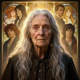 highly detailed portrait of an old woman with long hairs, stephen bliss, unreal engine, fantasy art by greg rutkowski, loish, rhads, ferdinand knab, makoto shinkai and lois van baarle, ilya kuvshinov, rossdraws, tom bagshaw, alphonse mucha, global illumination, radiant light, detailed and intricate environment
