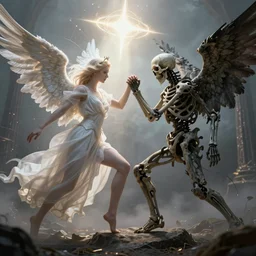 an angel of light fighting the angel of death. fantasy artwork, extremely detailed, octane render