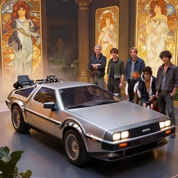 solarpunk delorean lamborghini retrofuture infinity time machine with metal hoses and carburetors, unreal engine, greg rutkowski, loish, rhads, beeple, makoto shinkai and lois van baarle, ilya kuvshinov, rossdraws, tom bagshaw, alphonse mucha, global illumination, detailed and intricate environment