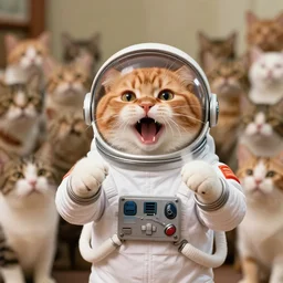 1 9 8 0's color photo, of hissing cute ginger cat in spacesuit, giving passionate public speech, in front of crowd of cats