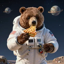 Yogi the bear in a space suit on an alien planet eating pie