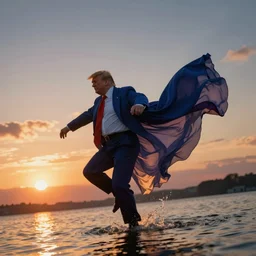 donald trump dancing on water, beautiful flowing fabric, sunset, dramatic angle, 8k hdr pixiv dslr photo by Makoto Shinkai and Wojtek Fus