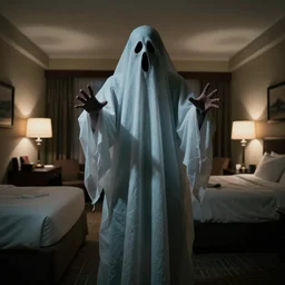 a still shot of a scary male drug addict ghost jumpscare to camera in a hotel room, horror