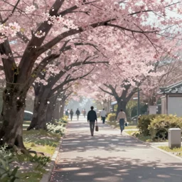 walk in tachikawa - shi, tokyo. volumetric lighting, blade runner tones, spring, slightly hazy, realistic illustration, perfectly shaded, painting, art