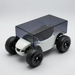 exceptionally unique reflective dark glass and plastic rectangular box - shaped car with fat tires and exposed carbon fibre and white ceramic generative design structure, insect - like